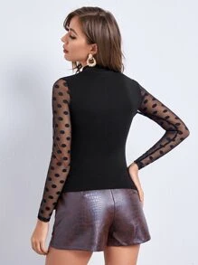 SHEIN Privé Áo thun Tương phản Mesh Chấm bi Thanh lịch - màu đen - Xem 2