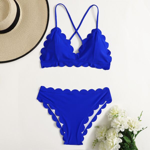 

Plain Scallop Trim Triangle Bikini Swimsuit, Royal blue