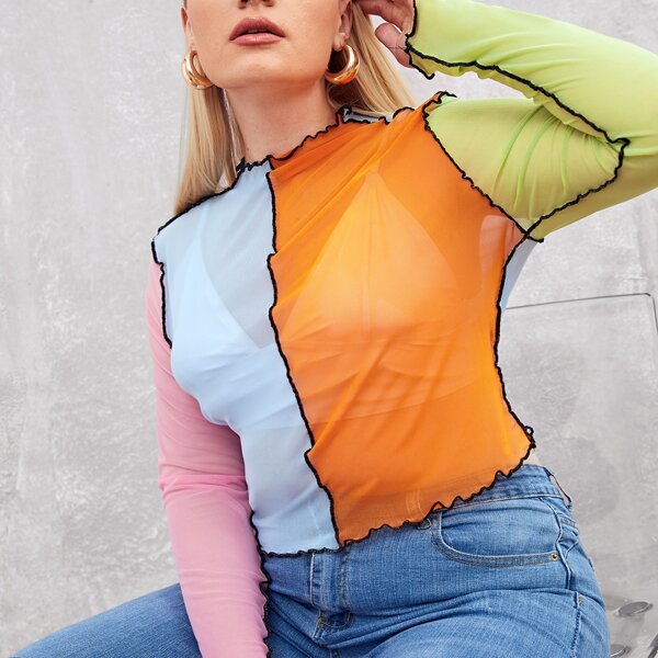 

Plus Contrast Seam Trim Colorblock Mesh Top Without Bra, Multicolor