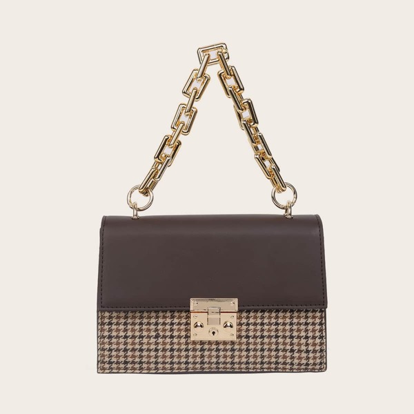 

Houndstooth Pattern Satchel Bag, Brown