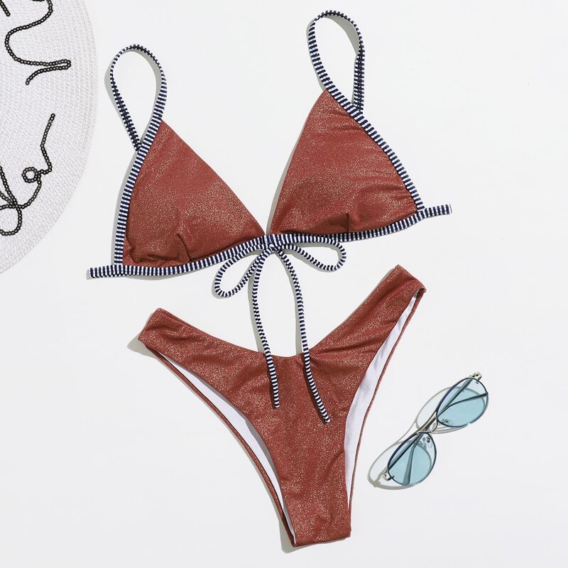 

Striped Binding Glitter High Cut Bikini Swimsuit, Multicolor