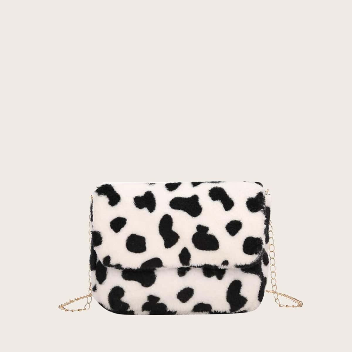 

Cow Print Fluffy Chain Crossbody Bag, Black and white