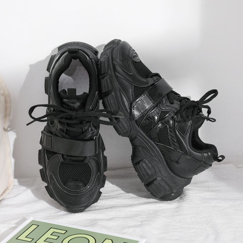 

Velcro Decor Lace-up Mesh Chunky Sneakers, Black