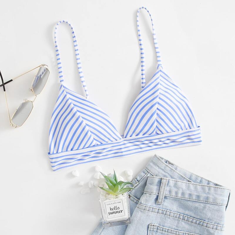 

Striped Triangle Bikini Top, Blue and white