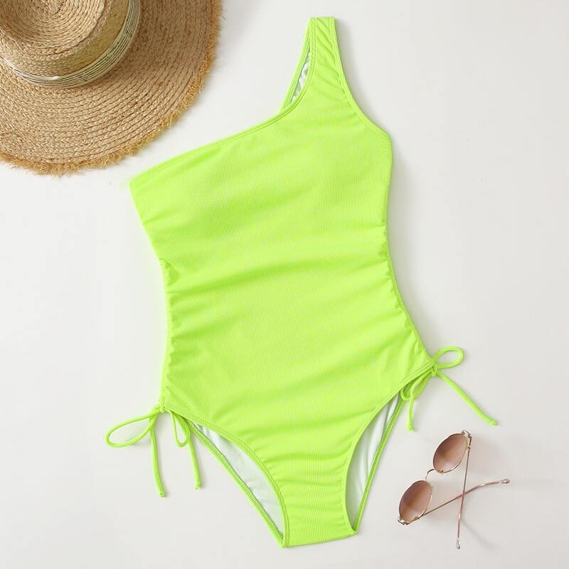 

Drawstring Side One Shoulder One Piece Swimsuit, Neon lime green