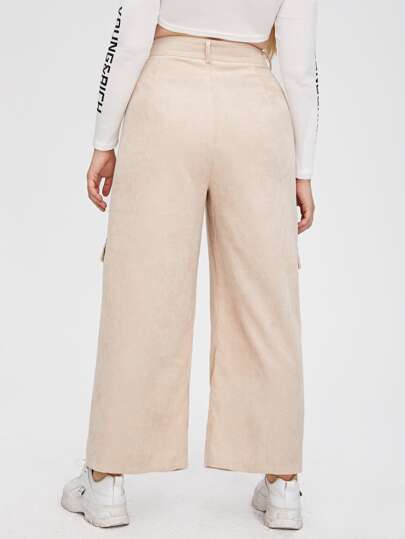 Plus Flap Pocket Side Wide Leg Corduroy Pants