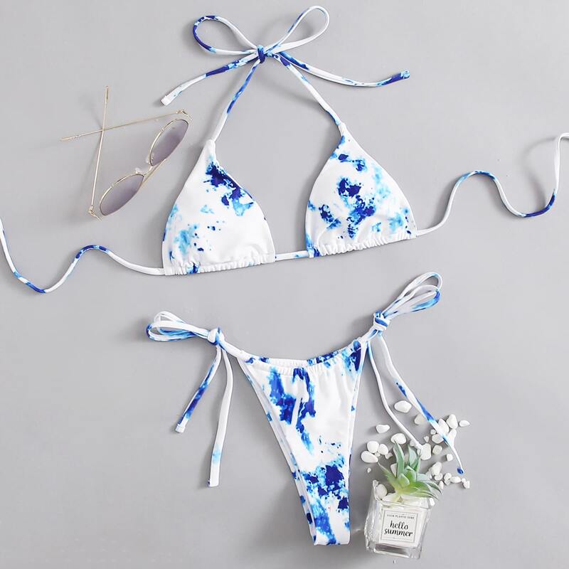 

Tie Dye Tie Side Bikini Swimsuit, Blue and white