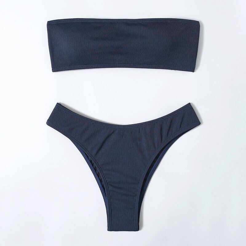 

Solid High Cut Bikini Swimsuit, Navy blue