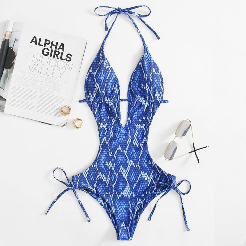 

Snakeskin Cut Out One Piece Swimsuit, Blue