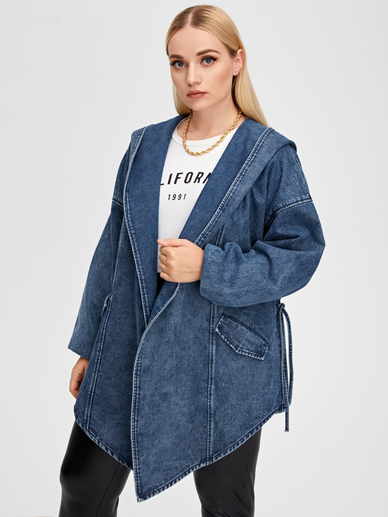 Plus Asymmetric Hem Hooded Denim Coat thumbnail