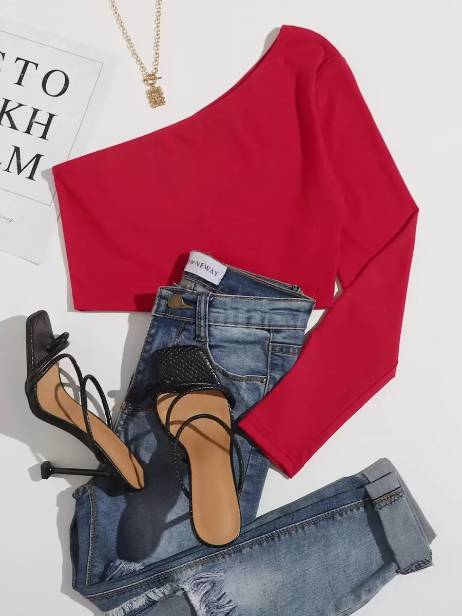 SHEIN Essnce Camiseta corta de un hombro - Rojo - Ver 1
