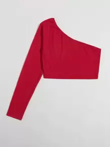 SHEIN Essnce Camiseta corta de un hombro - Rojo - Ver 2