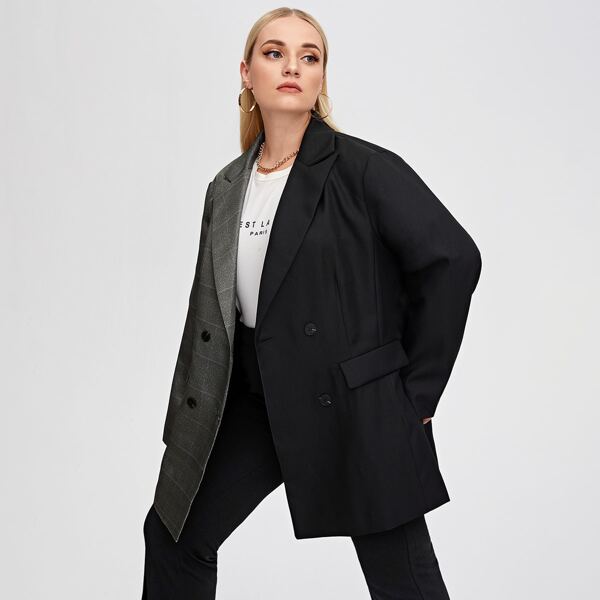 

Plus Lapel Collar Double Breasted Spliced Blazer, Multicolor
