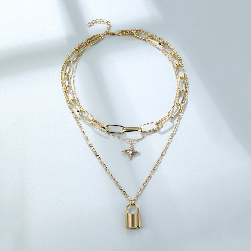 

Lock Charm Layered Necklace, Gold