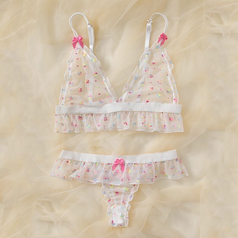 

Mesh Floral Sheer Lingerie Set, White