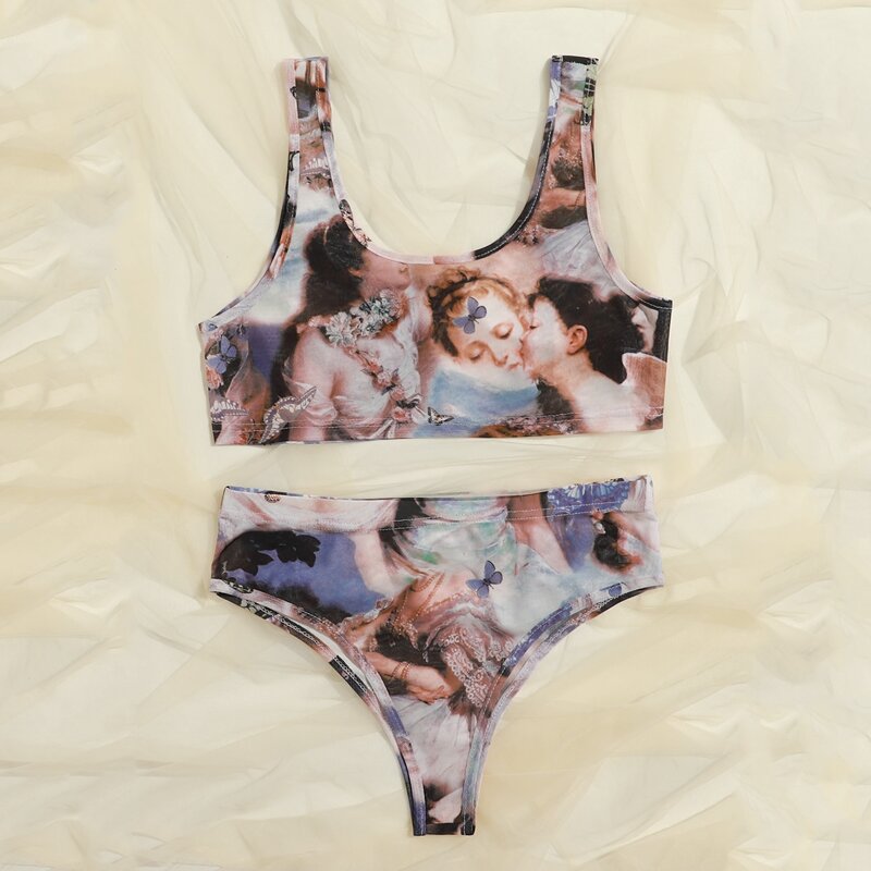 

Mesh Random Figure Print Lingerie Set, Multicolor