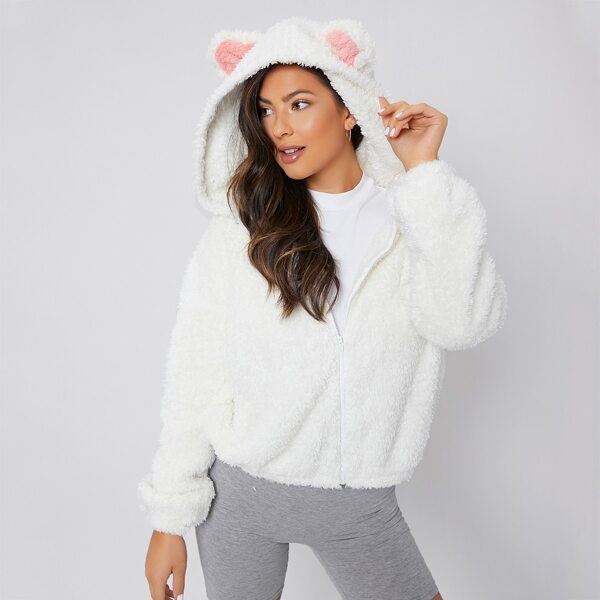 

Ear Detail Teddy Zip Up Coat, White