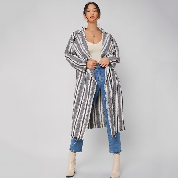 

Waterfall Collar Frayed Trim Striped Coat, Black and white
