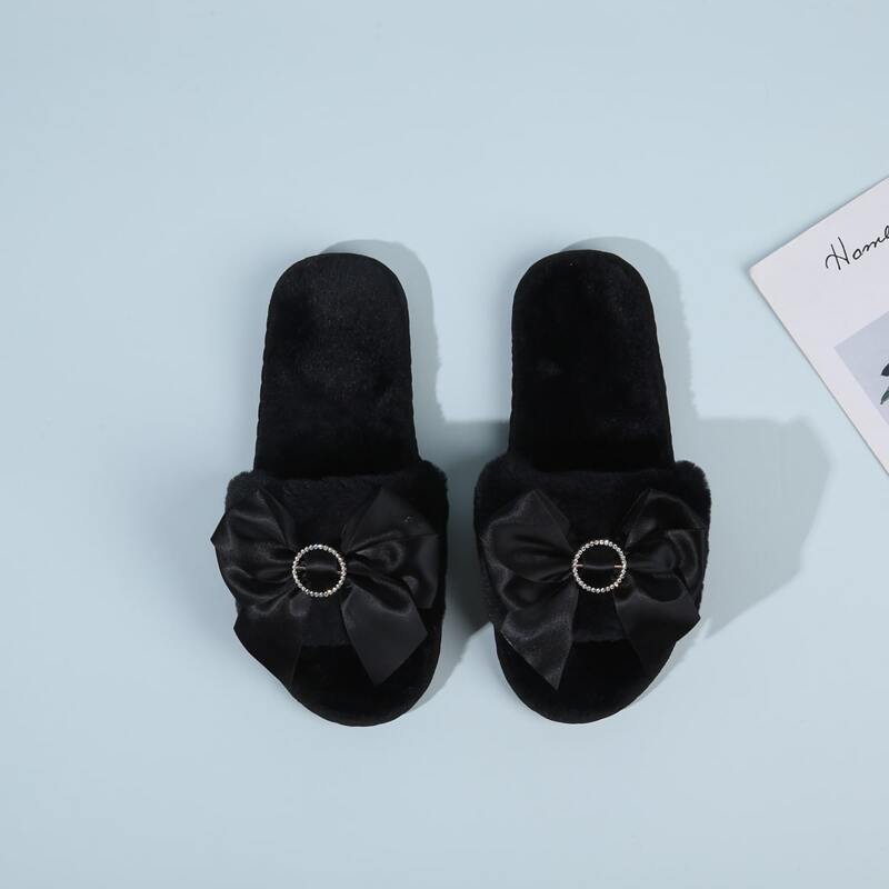 

Bow Decor Fluffy Slippers, Black