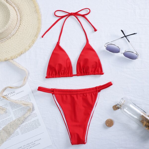

Triangle Halter Thong Bikini Swimsuit, Red