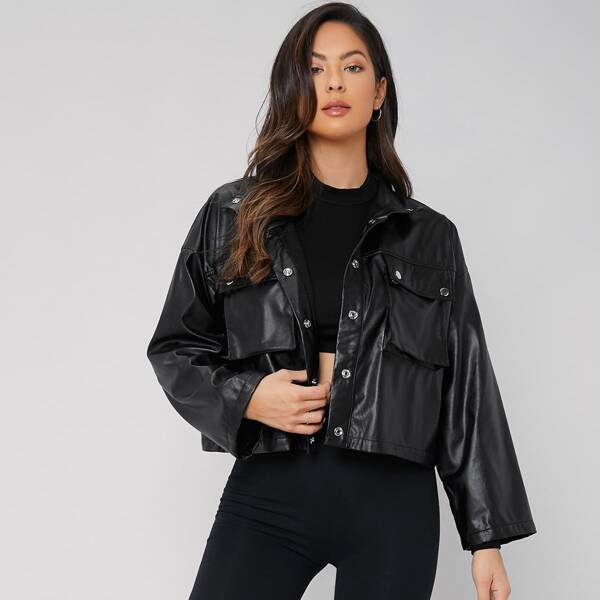 

Flap Pocket Front PU Leather Jacket, Black