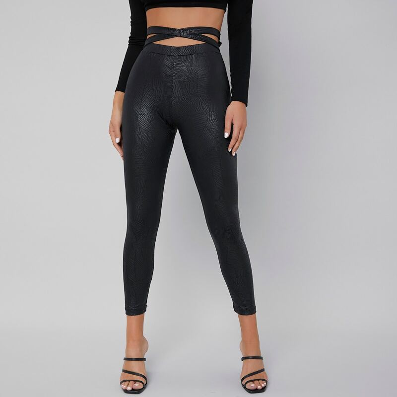 

Crisscross Waist Crocodile Embossed Leggings, Black