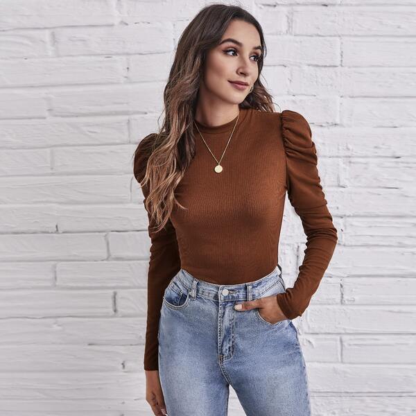 

Gigot Sleeve Rib-knit Tee, Coffee brown