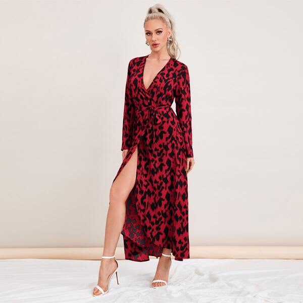 

Surplice Wrap Belted Allover Print Dress, Burgundy
