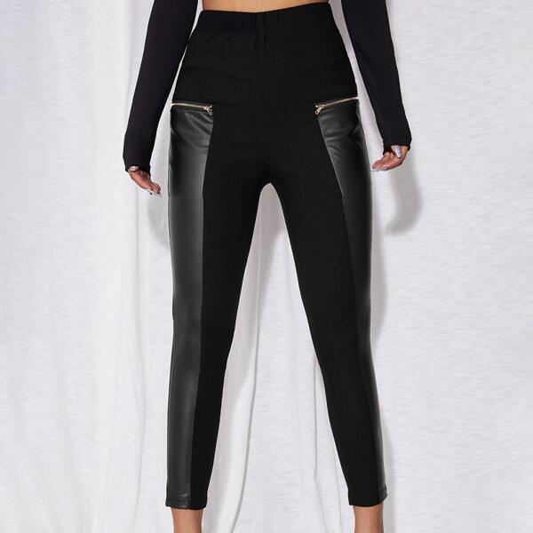 

Contrast PU Zipper Decoration Skinny Pants, Black