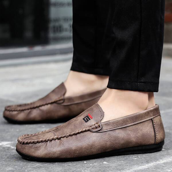 

Men Embroidered Detail Stitch Trim Loafers, Brown