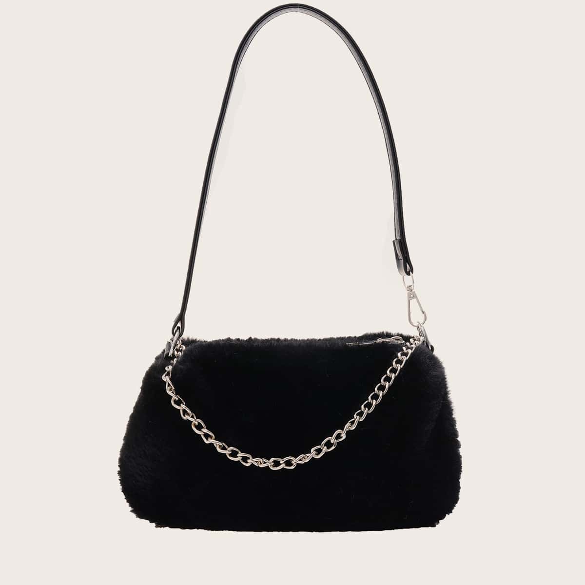 

Chain Decor Fluffy Shoulder Bag, Black