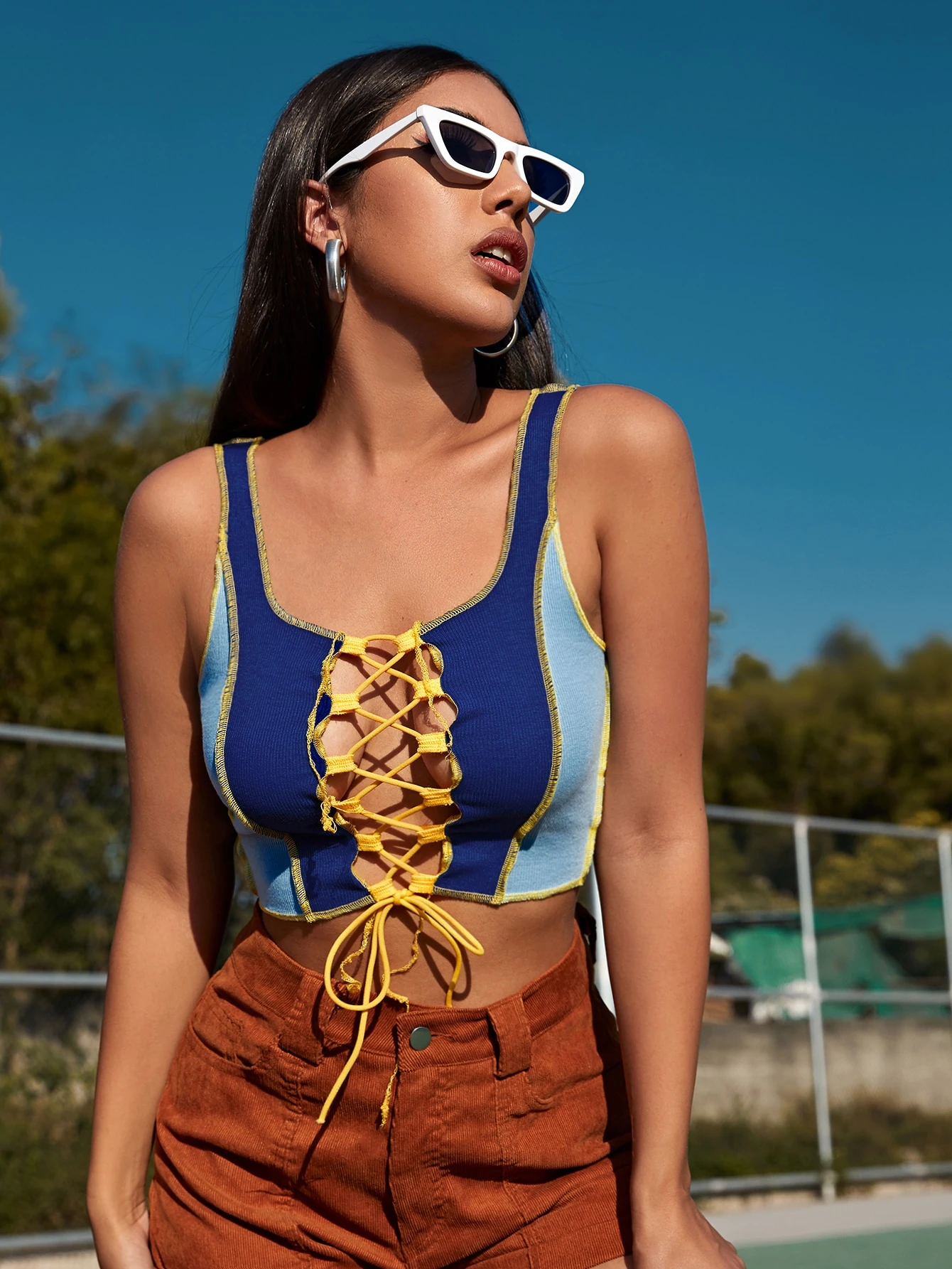 lace up colorblock top