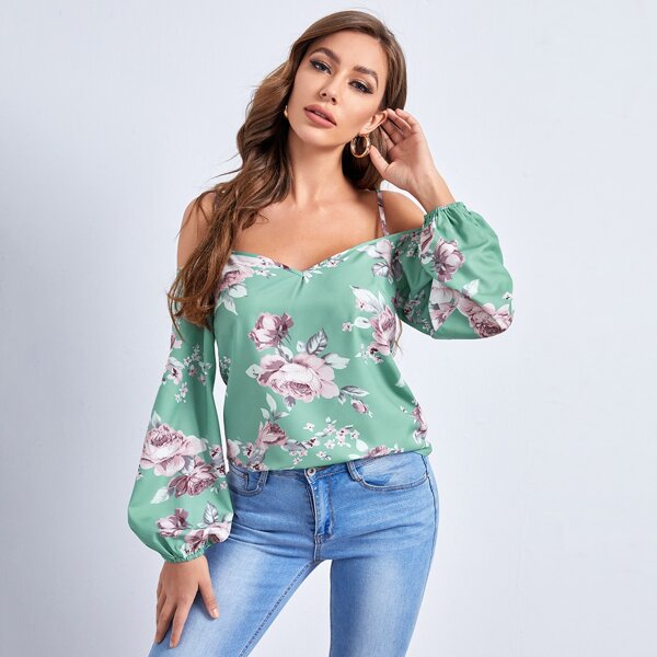 

Cold Shoulder Bishop Sleeve Floral Top, Mint green