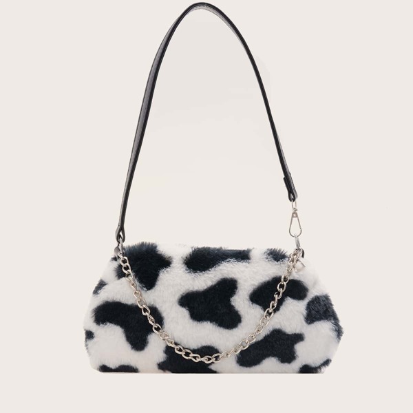 

Cow Print Fluffy Shoulder Bag, Black and white