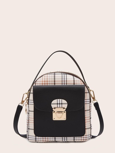Push Lock Detail Plaid Backpack