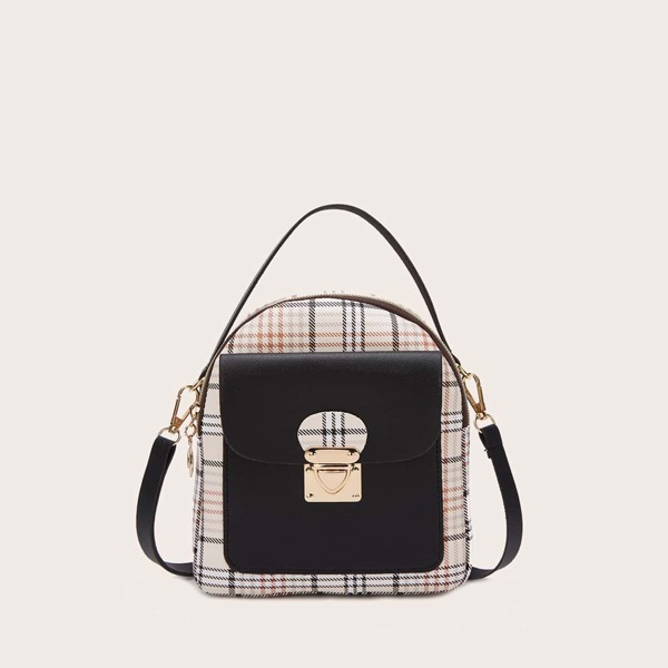 

Push Lock Detail Plaid Backpack, Black