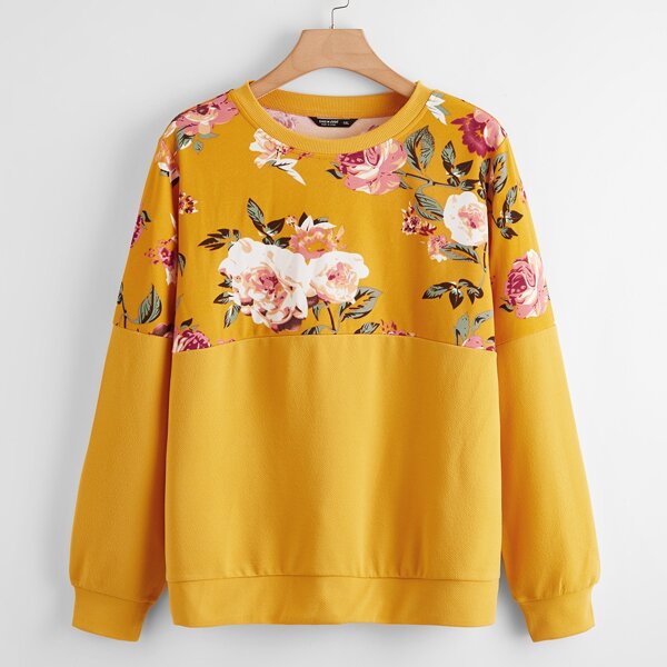 

Plus Floral Print Drop Shoulder Sweatshirt, Bright mustard yellow
