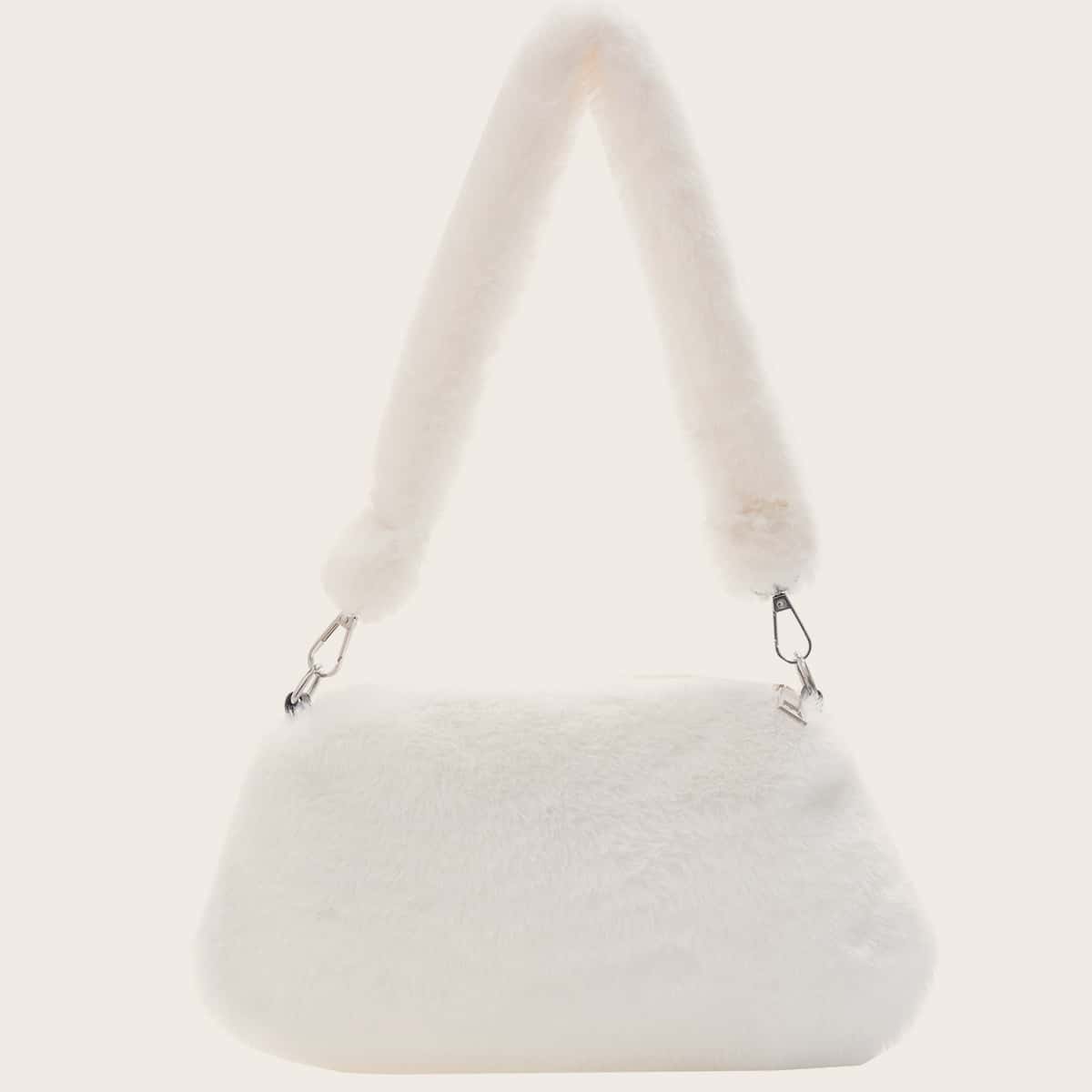 

Solid Fluffy Shoulder Bag, White