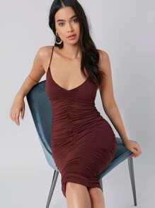 SHEIN 後低式抽褶連衣裙 - 紫紅色 - 查看 4