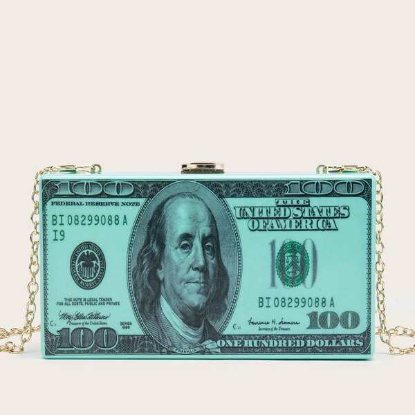 

Dollar Bill Pattern Chain Strap Box Bag, Green