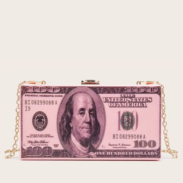 

Dollar Bill Pattern Chain Strap Box Bag, Pink