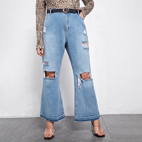 

Plus Slant Pocket Ripped Flare Leg Jeans Without Belt, Light wash