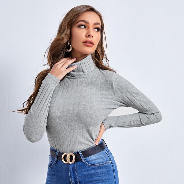 

Turtle Neck Rib-knit Top, Light grey