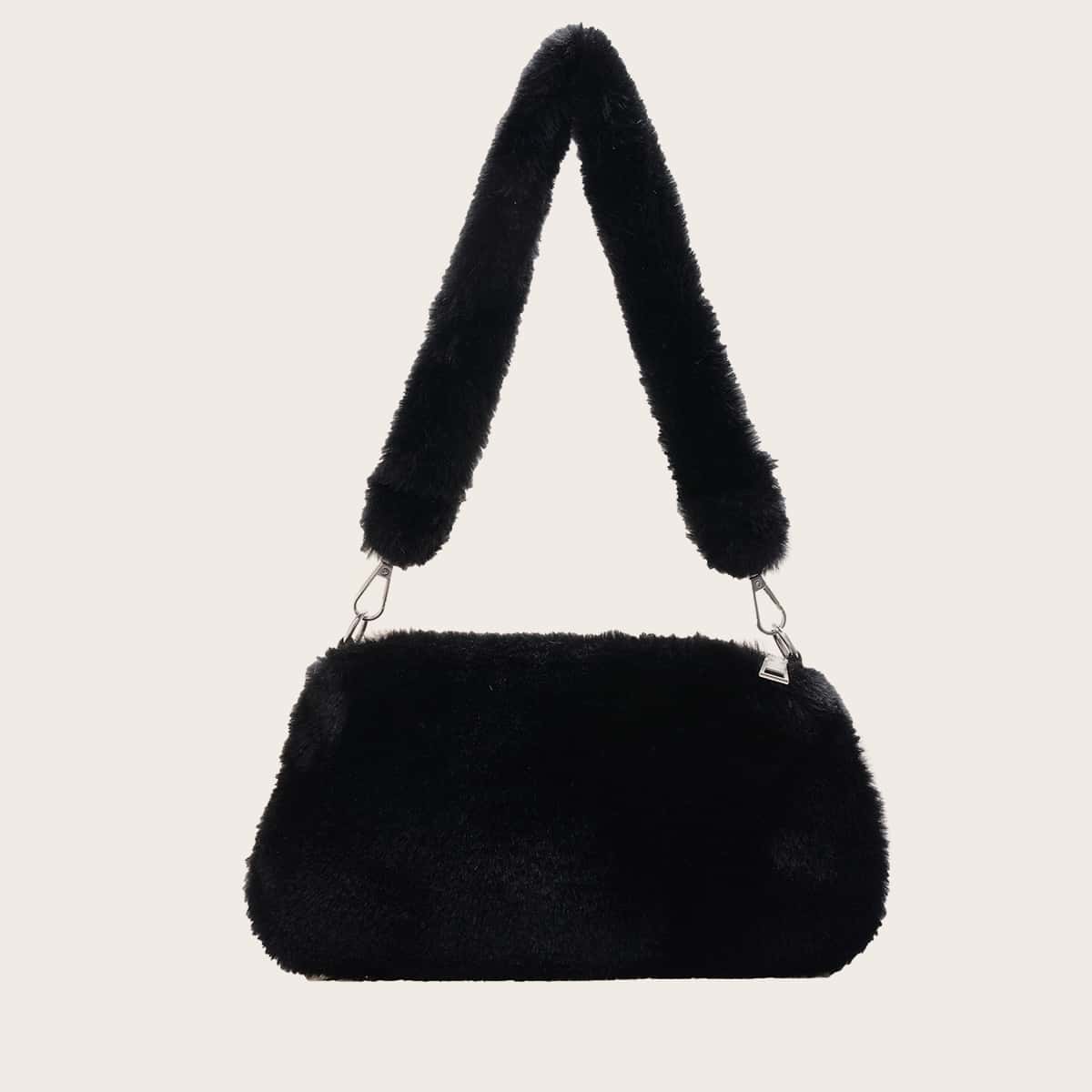 

Solid Fluffy Shoulder Bag, Black