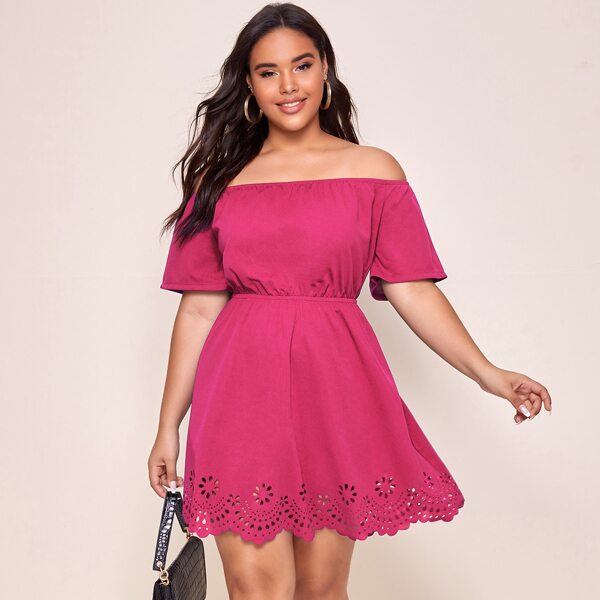 

Plus Off Shoulder Scallop Laser Cut Hem Dress, Pink