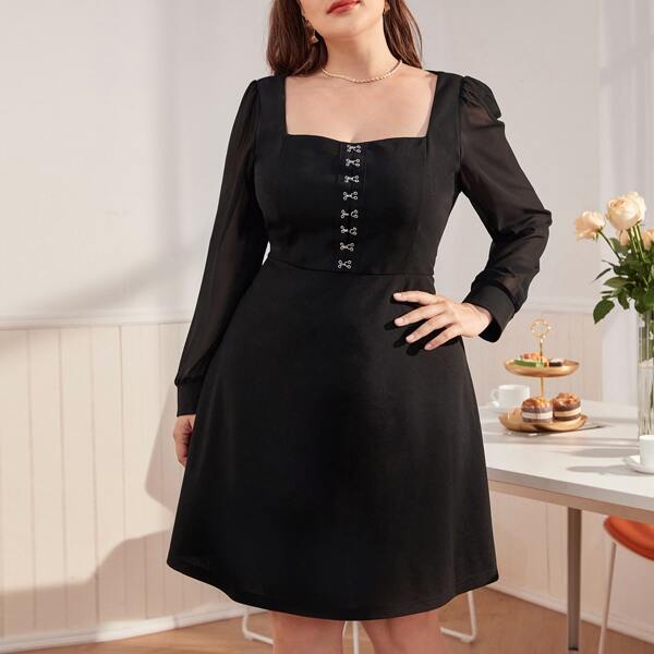 

Plus Sheer Chiffon Sleeve Hook and Eye Front Dress, Black
