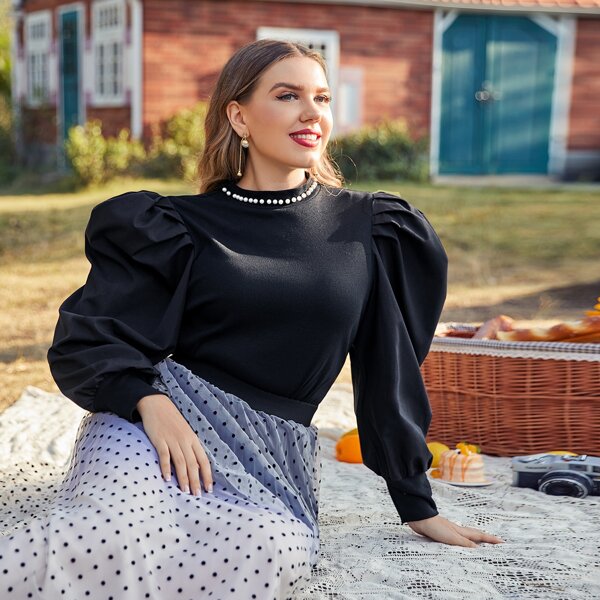 

Plus Pearls Beaded Gigot Sleeve Rib-knit Top, Black