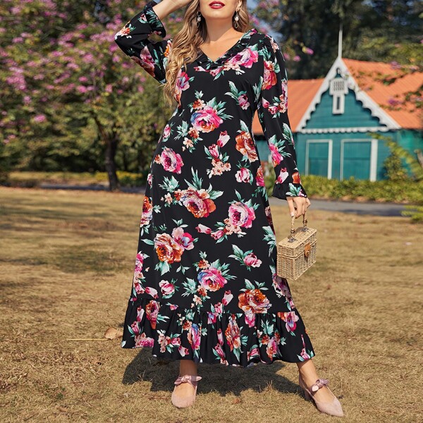 

Plus V-neck Ruffle Detail Floral Print Dress, Multicolor