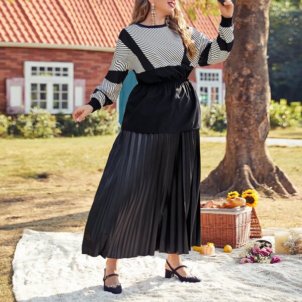 

Plus Striped Panel Peplum Top & PU Pleated Skirt Set, Black and white