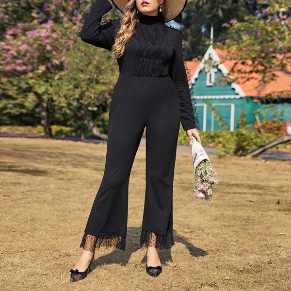 

Plus Mock Neck Dobby Mesh Detail Flare Leg Jumpsuit, Black
